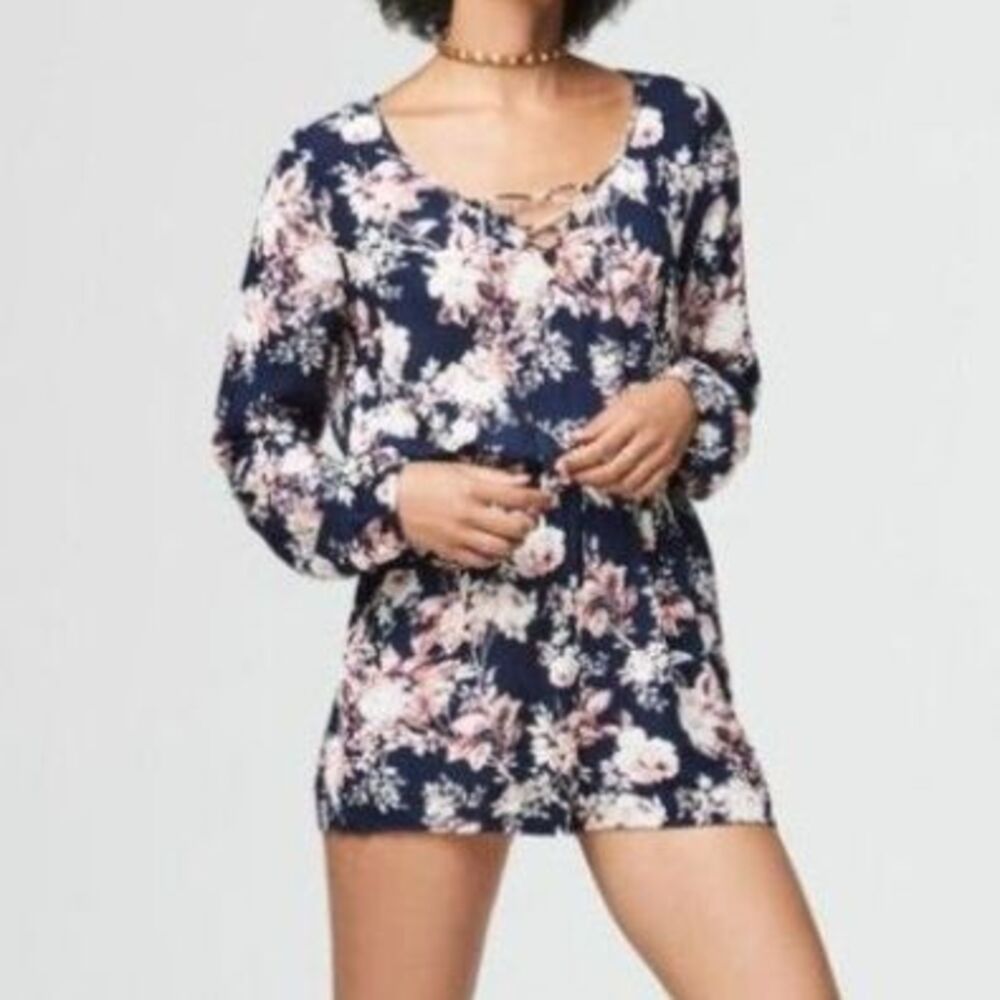 Aeropostale navy blue floral long sleeve romper dress size large l long sleeve